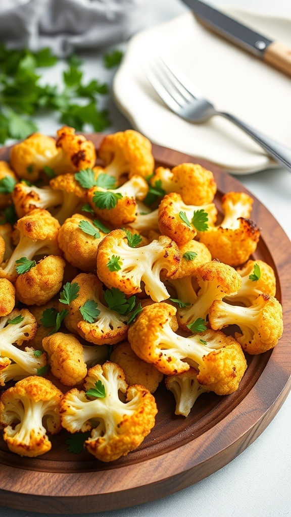Roasted cauliflower florets garnished with parsley on a wooden platter.